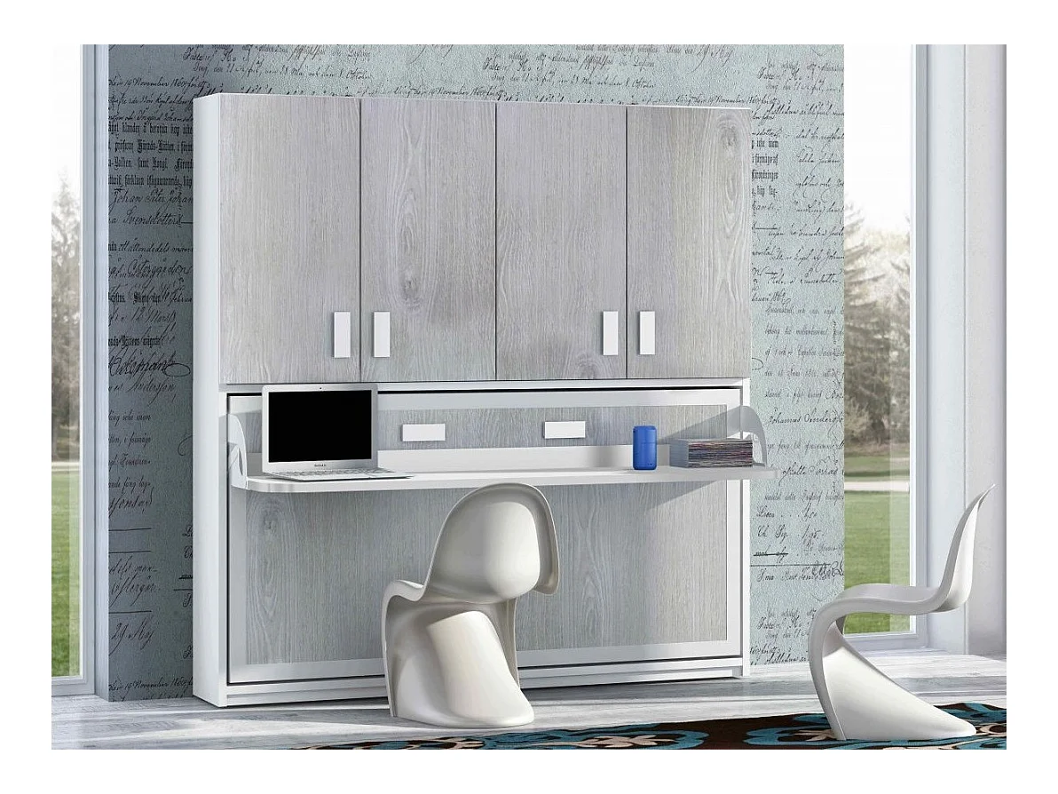 Lit escamotable 90x190 P 53cm chêne gris avec étagères et bureau Miko