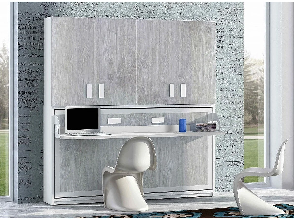 Lit escamotable 90x190 P 53cm chêne gris avec étagères et bureau Miko