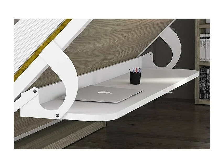 Lit escamotable 90x190 P 53cm chêne gris avec étagères et bureau Miko