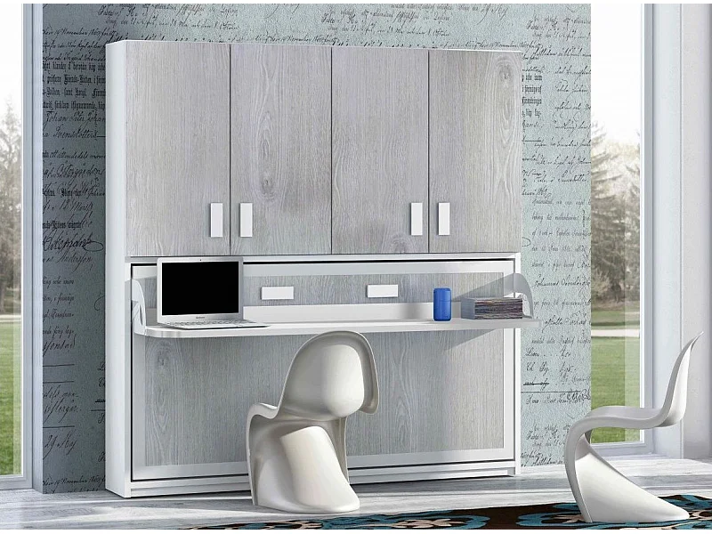 Lit escamotable 90x190 P 53cm chêne gris avec étagères et bureau Miko