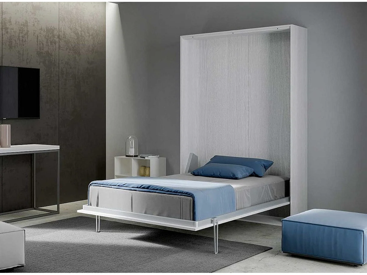 Lit escamotable vertical frêne blanc et porte verte kanto 140x190