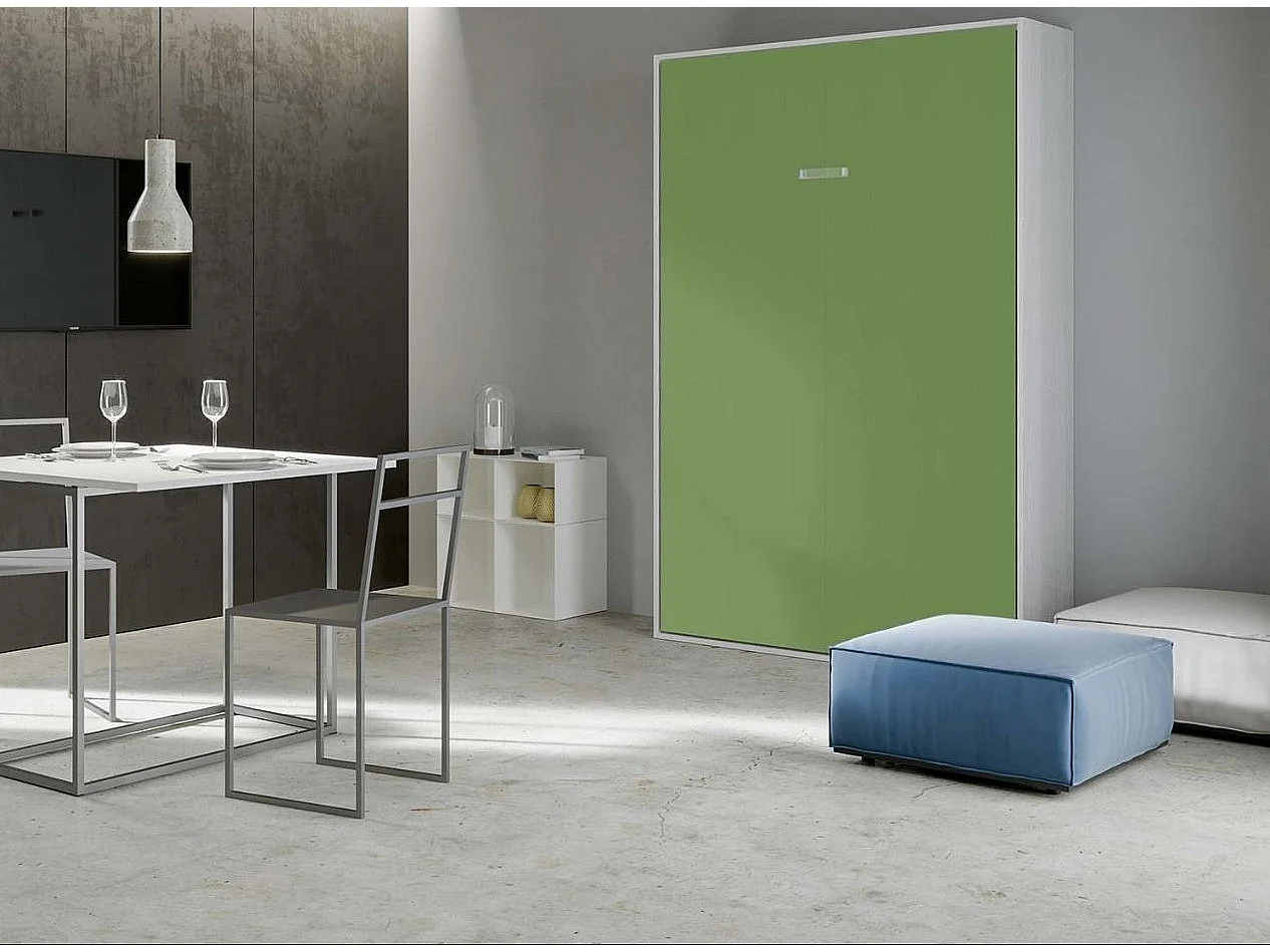 Lit escamotable vertical frêne blanc et porte verte kanto 140x190