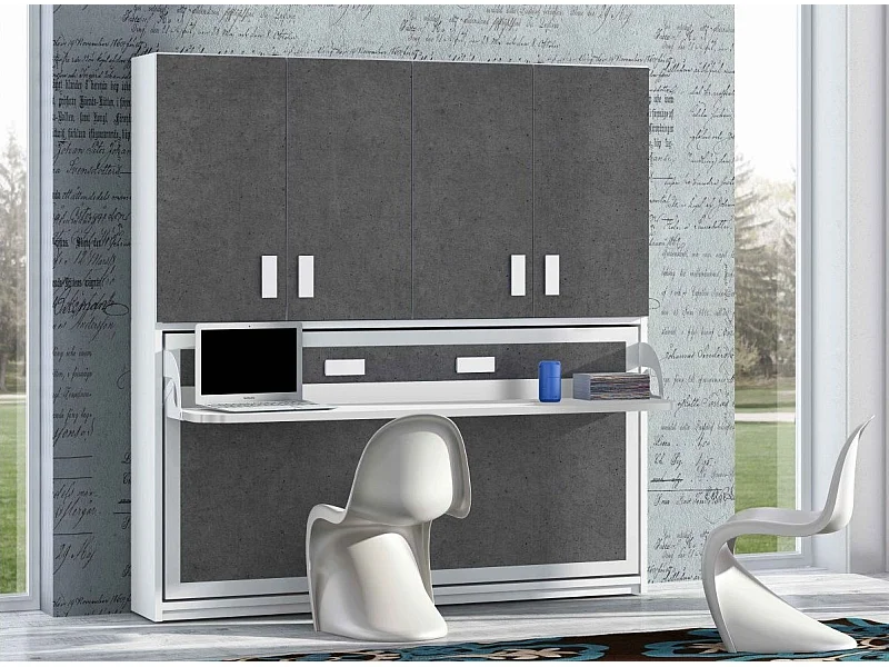 Lit escamotable 90x190 P 34cm gris béton avec étagères et bureau Miko