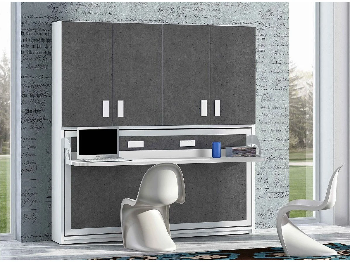 Lit escamotable 90x190 P 34cm gris béton avec étagères et bureau Miko