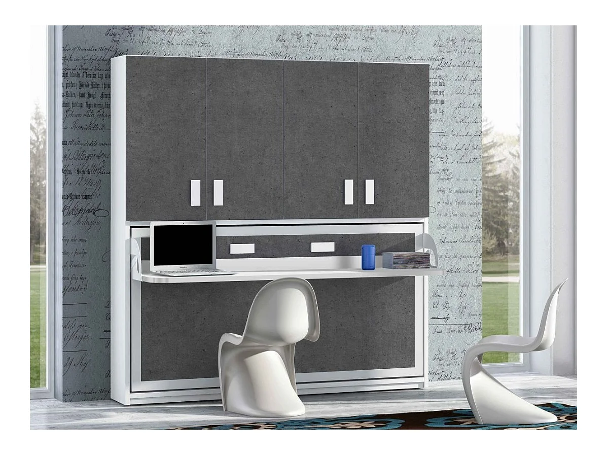 Lit escamotable 90x190 P 34cm gris béton avec étagères et bureau Miko