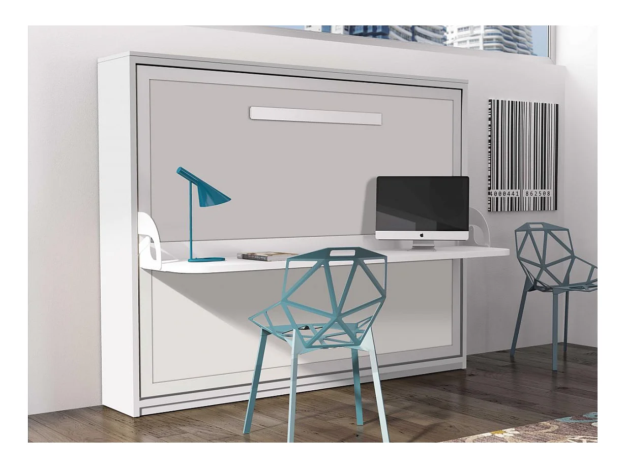 Lit escamotable avec bureau 90x190 blanc satiné P 35 Kinoa