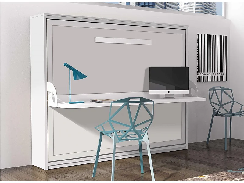 Lit escamotable avec bureau 90x190 blanc satiné P 35 Kinoa
