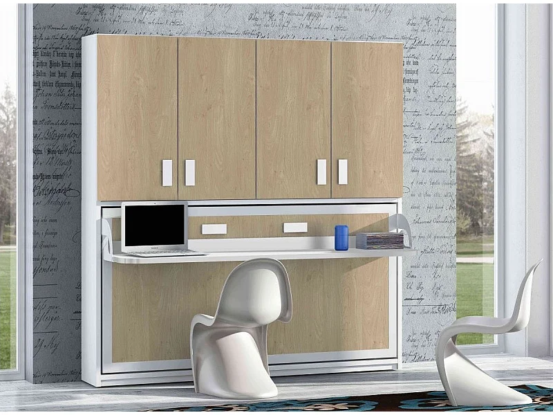 Lit escamotable 140x190 P 53cm chêne clair avec étagères et bureau Miko