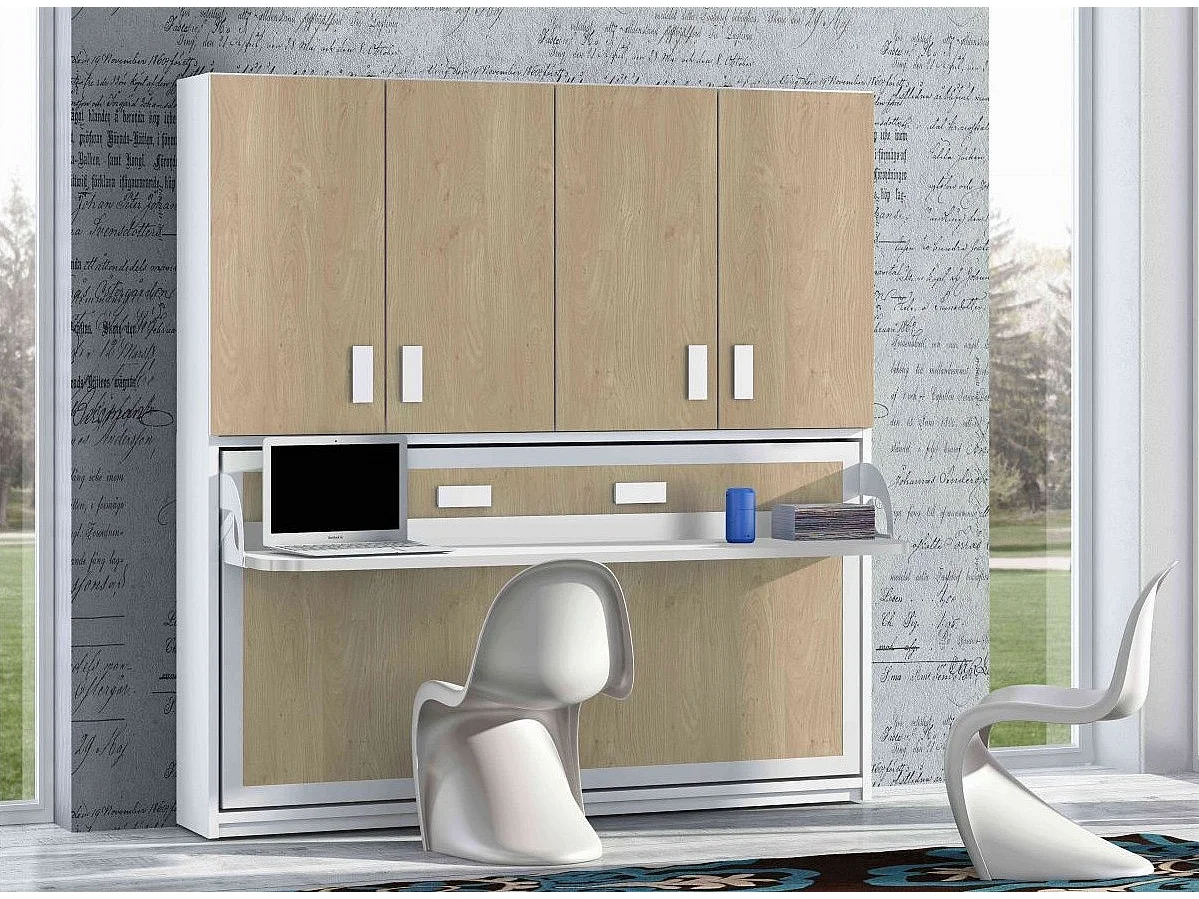 Lit escamotable 140x190 P 53cm chêne clair avec étagères et bureau Miko