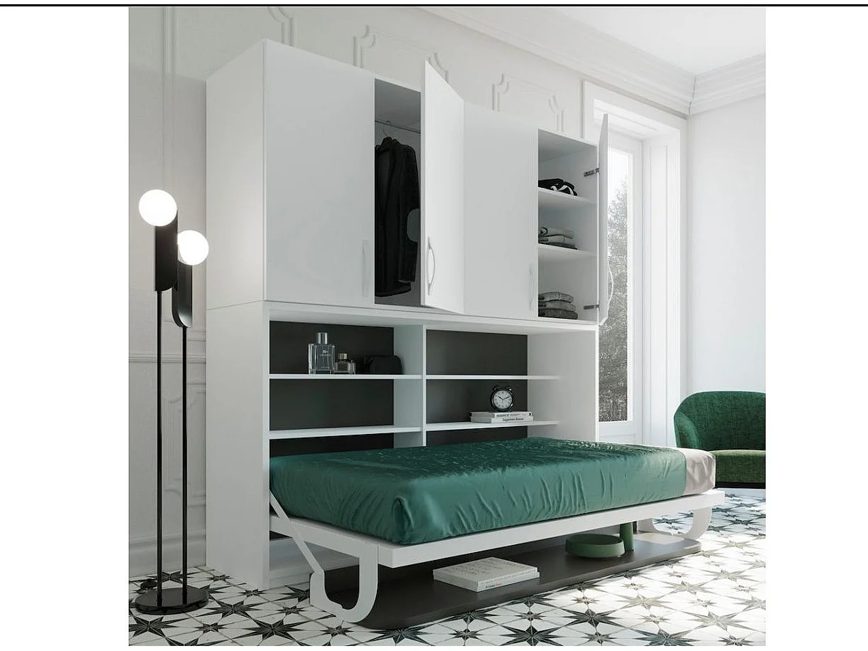 Lit escamotable 140x190 P 53cm chêne clair avec étagères et bureau Miko