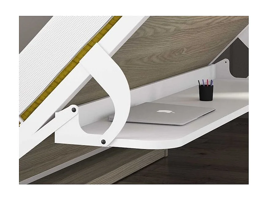 Lit escamotable 140x190 P 53cm chêne clair avec étagères et bureau Miko