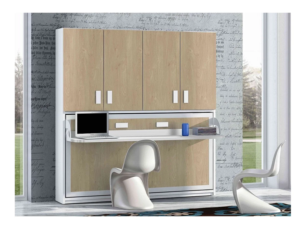 Lit escamotable 140x190 P 53cm chêne clair avec étagères et bureau Miko