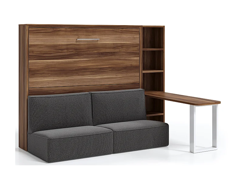 Lit escamotable 160x200 canapé etagere bureau Prolok-Avec matelas-Canapé Gris foncé-Avec étagère-Structure et Façade Noyer-Avec bureau