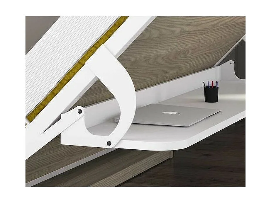 Lit escamotable 90x190 P 34cm chêne clair avec étagères et bureau Miko