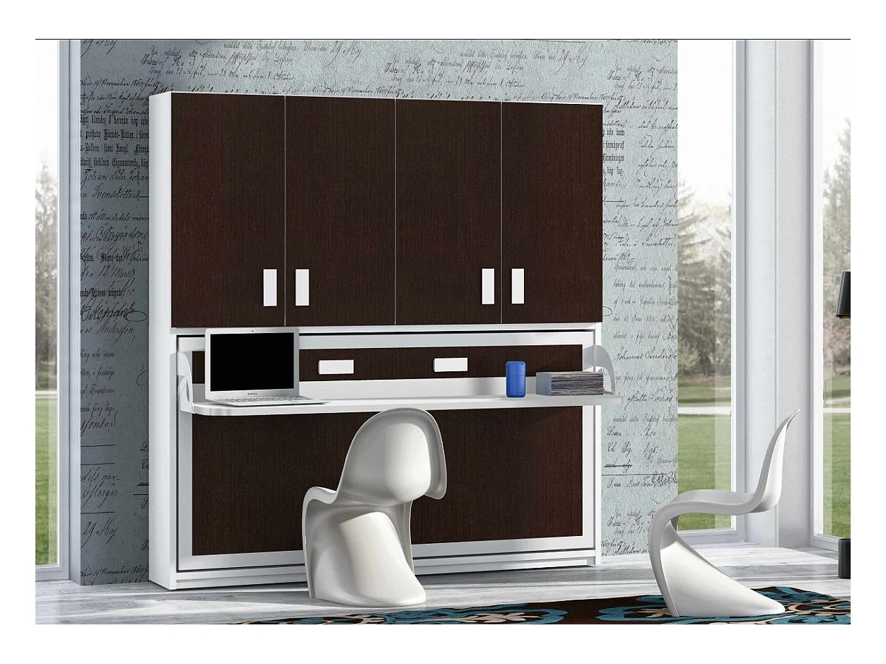Lit escamotable 90x190 P 53cm chocolat avec étagères et bureau Miko
