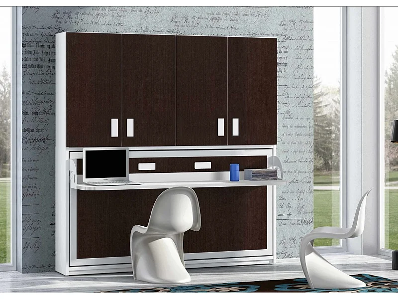 Lit escamotable 90x190 P 53cm chocolat avec étagères et bureau Miko