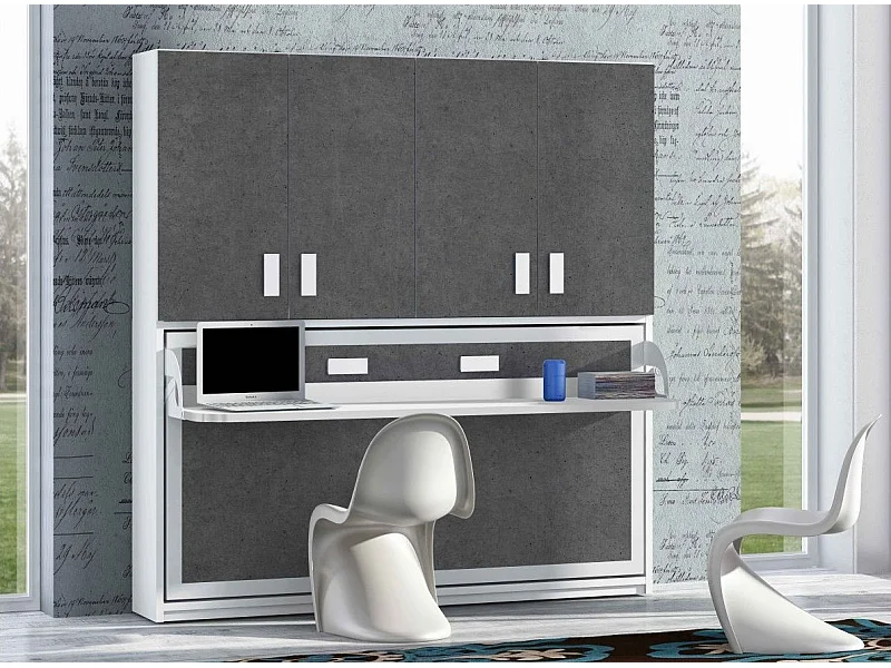 Lit escamotable 90x190 P 53cm gris béton avec étagères et bureau Miko