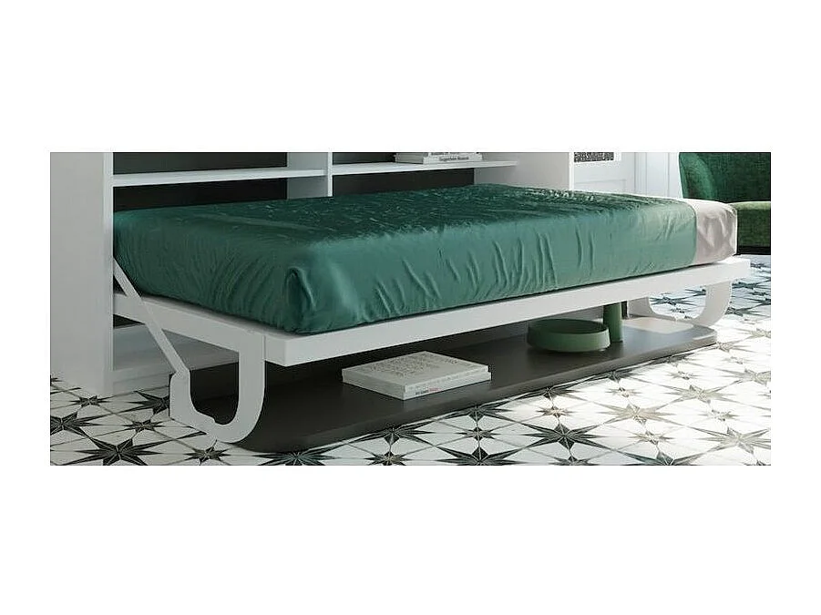 Lit escamotable 90x190 P 53cm gris béton avec étagères et bureau Miko