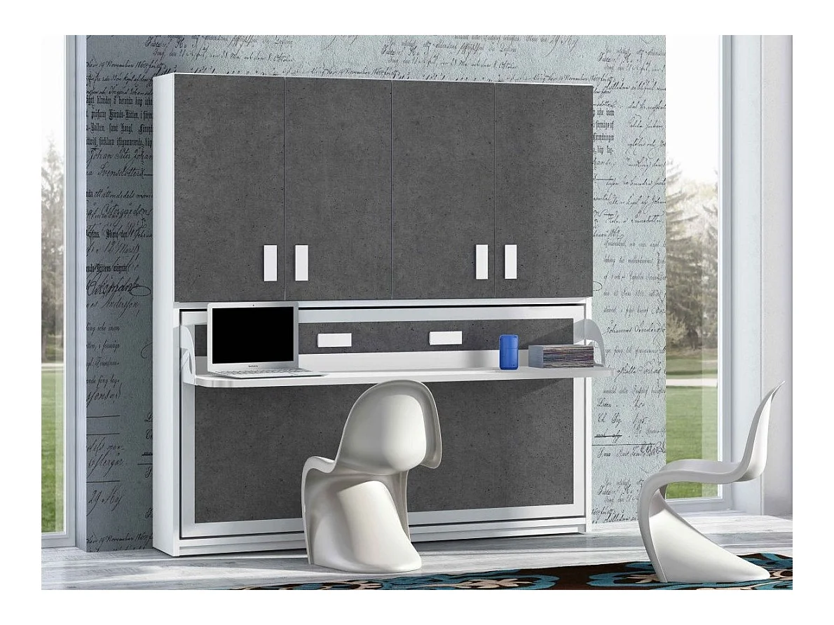 Lit escamotable 90x190 P 53cm gris béton avec étagères et bureau Miko
