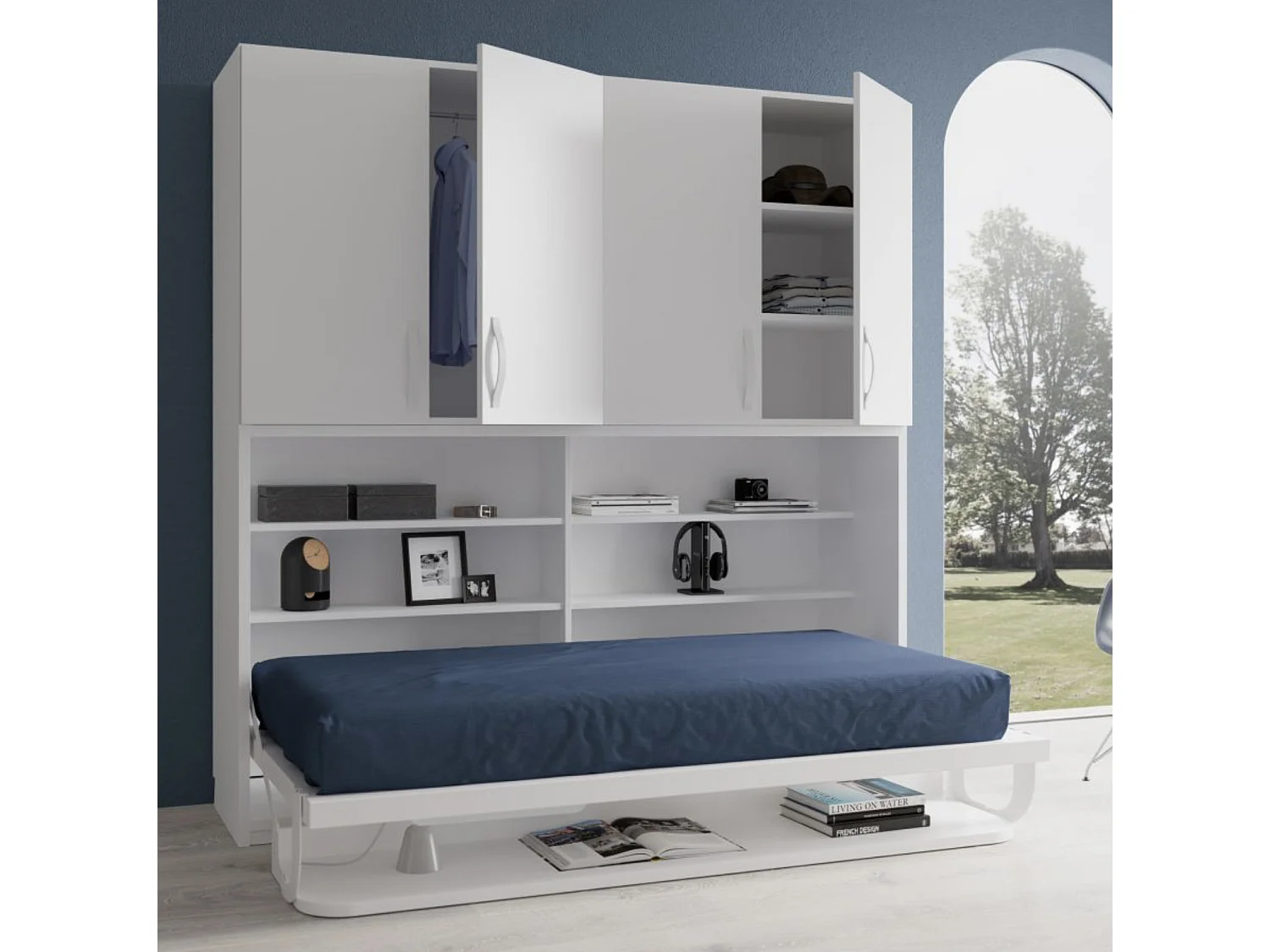 Lit escamotable 90x190 P 53cm gris béton avec étagères et bureau Miko