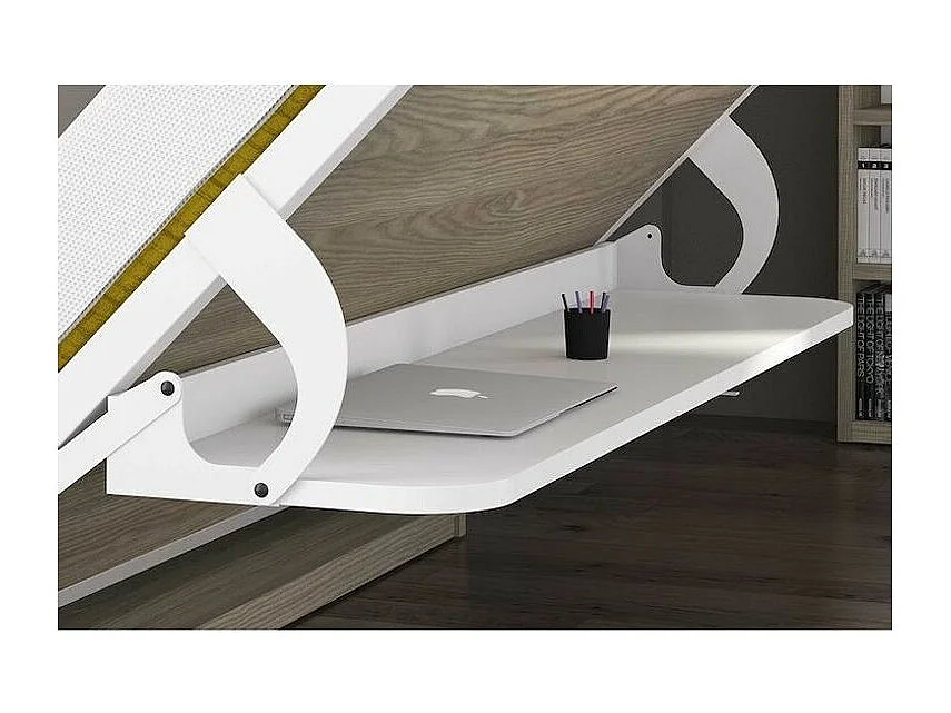 Lit escamotable 90x190 P 53cm gris béton avec étagères et bureau Miko