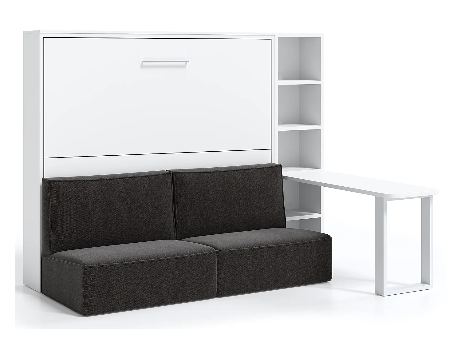Lit escamotable 160x200 canapé etagere bureau Prolok-Avec matelas-Canapé Noir-Avec étagère-Structure et Façade Blanche-Avec bureau