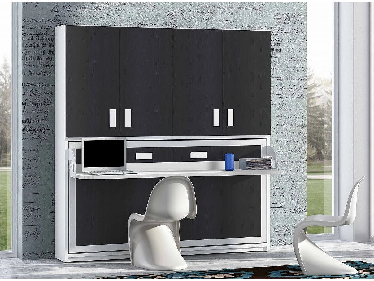 Lit escamotable 90x190 P 53cm anthracite avec étagères et bureau Miko