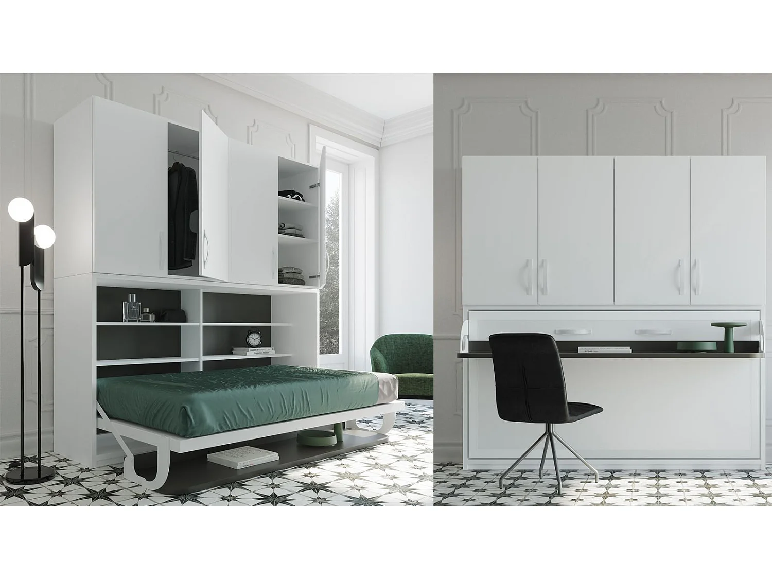 Lit escamotable 90x190 P 53cm anthracite avec étagères et bureau Miko