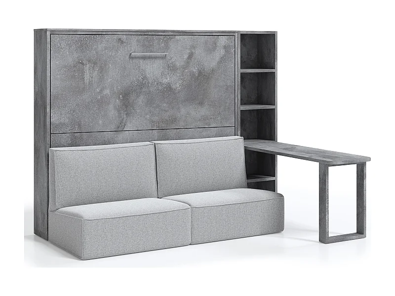 Cama escamoteable 120x200 sofá escritorio estante Prolok-Con colchón-Sofá Gris claro-Con estante-Estructura y fachada Gris cemento-Oficina Con escritorio