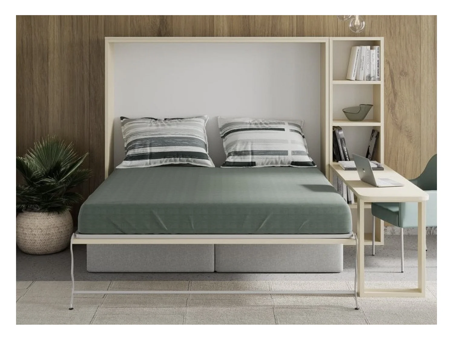 Cama escamoteable 160x200 sofá escritorio estante Prolok Gama alta-Sofá Negro-Con estante-Estructura y fachada Blanche
