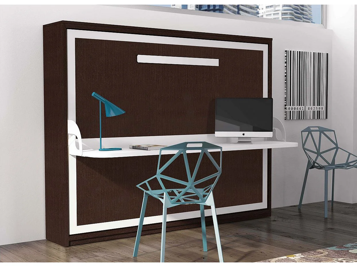 Lit escamotable avec bureau 90x200 chocolat P 35 Kinoa