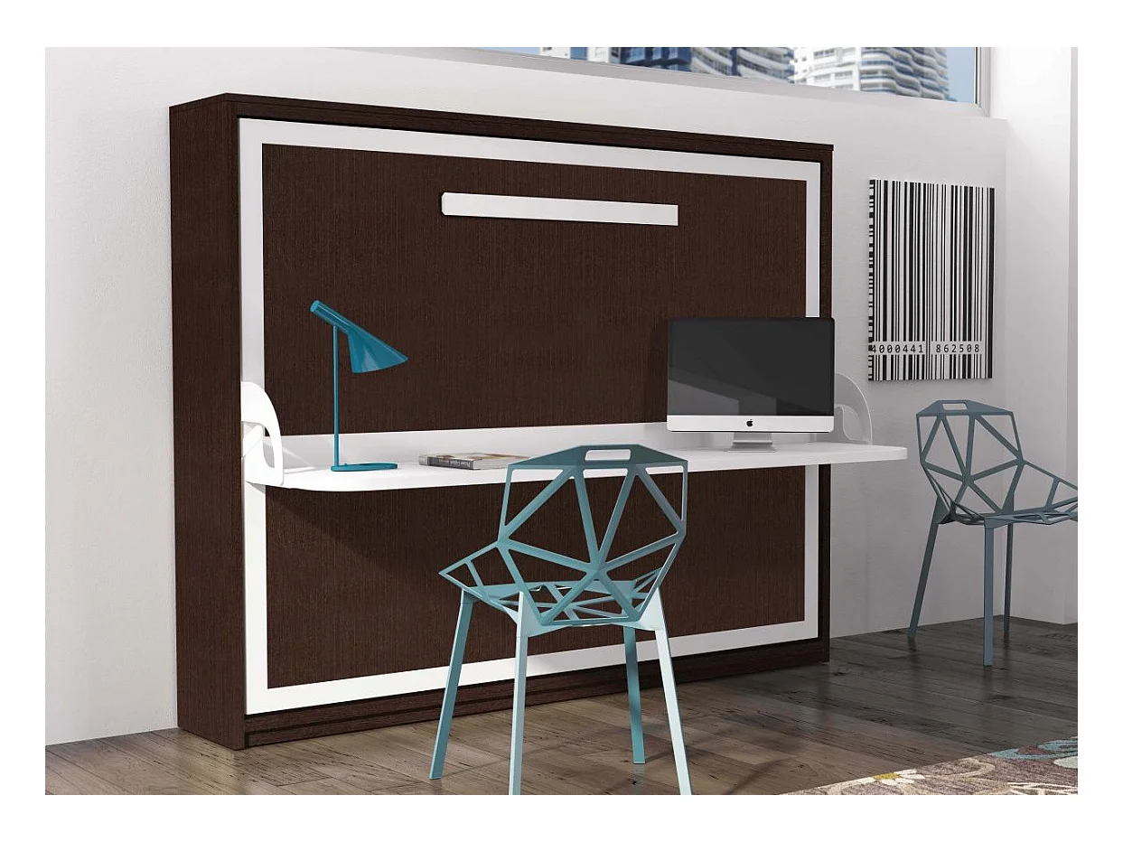 Lit escamotable avec bureau 90x200 chocolat P 35 Kinoa