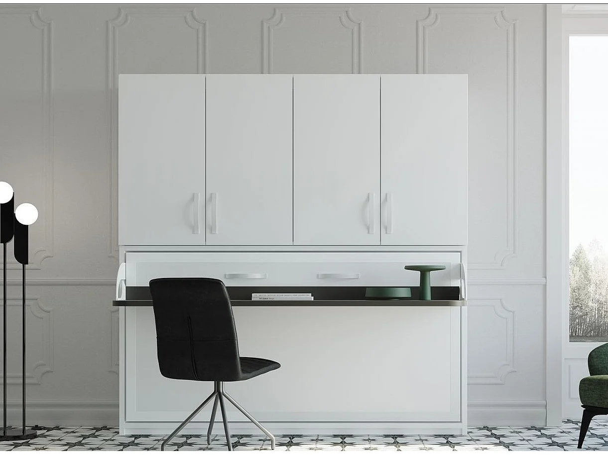 Lit escamotable 90x190 P 53cm chêne blanchi avec étagères et bureau Miko