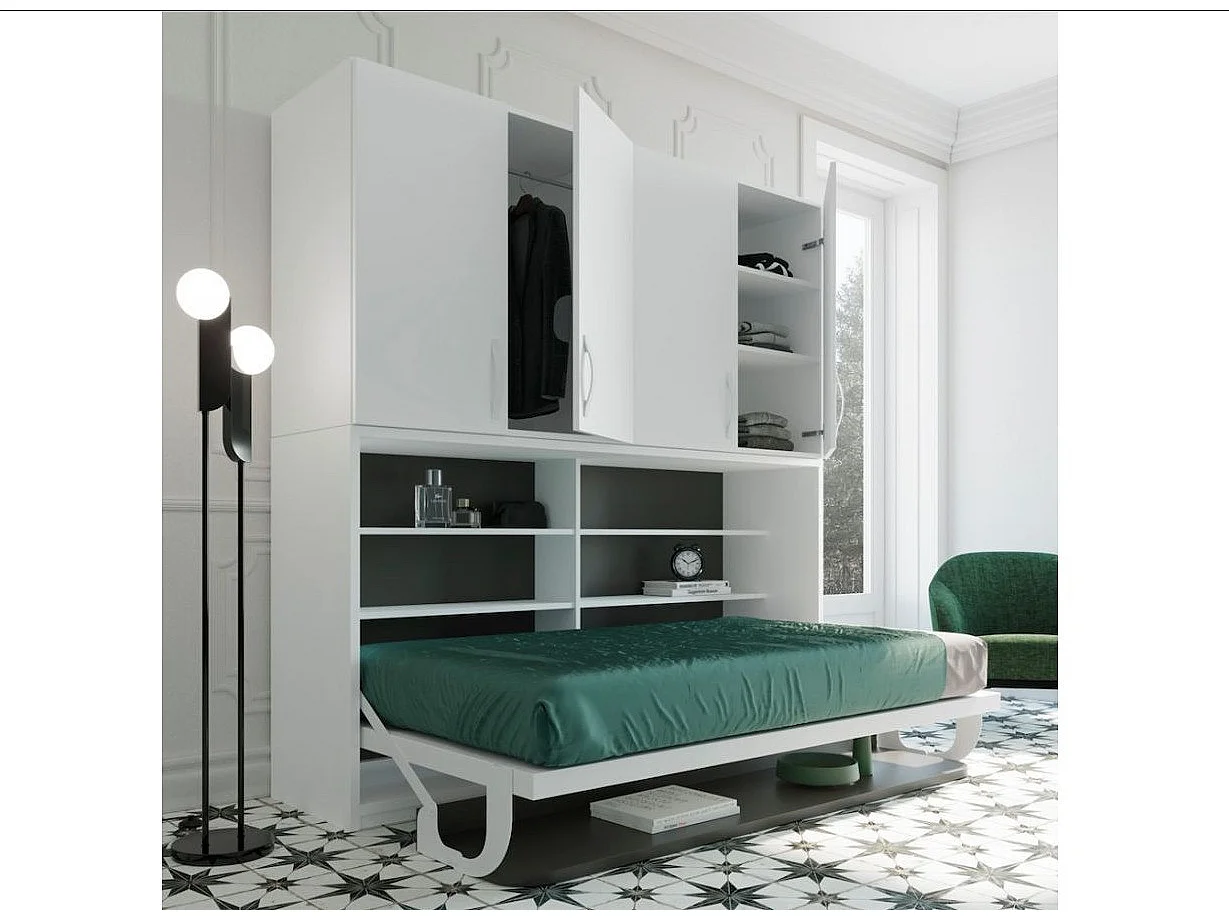 Lit escamotable 90x190 P 53cm chêne blanchi avec étagères et bureau Miko