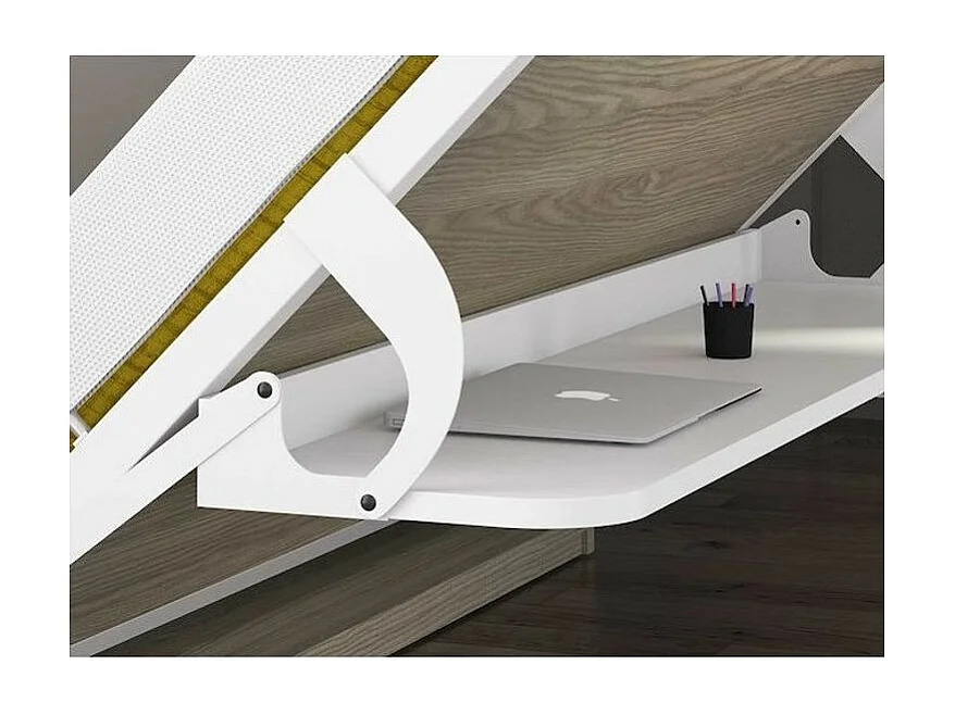 Lit escamotable 90x190 P 53cm chêne blanchi avec étagères et bureau Miko