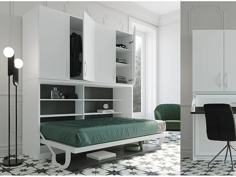 Lit escamotable 90x190 P 53 blanc satiné avec étagères et bureau Miko