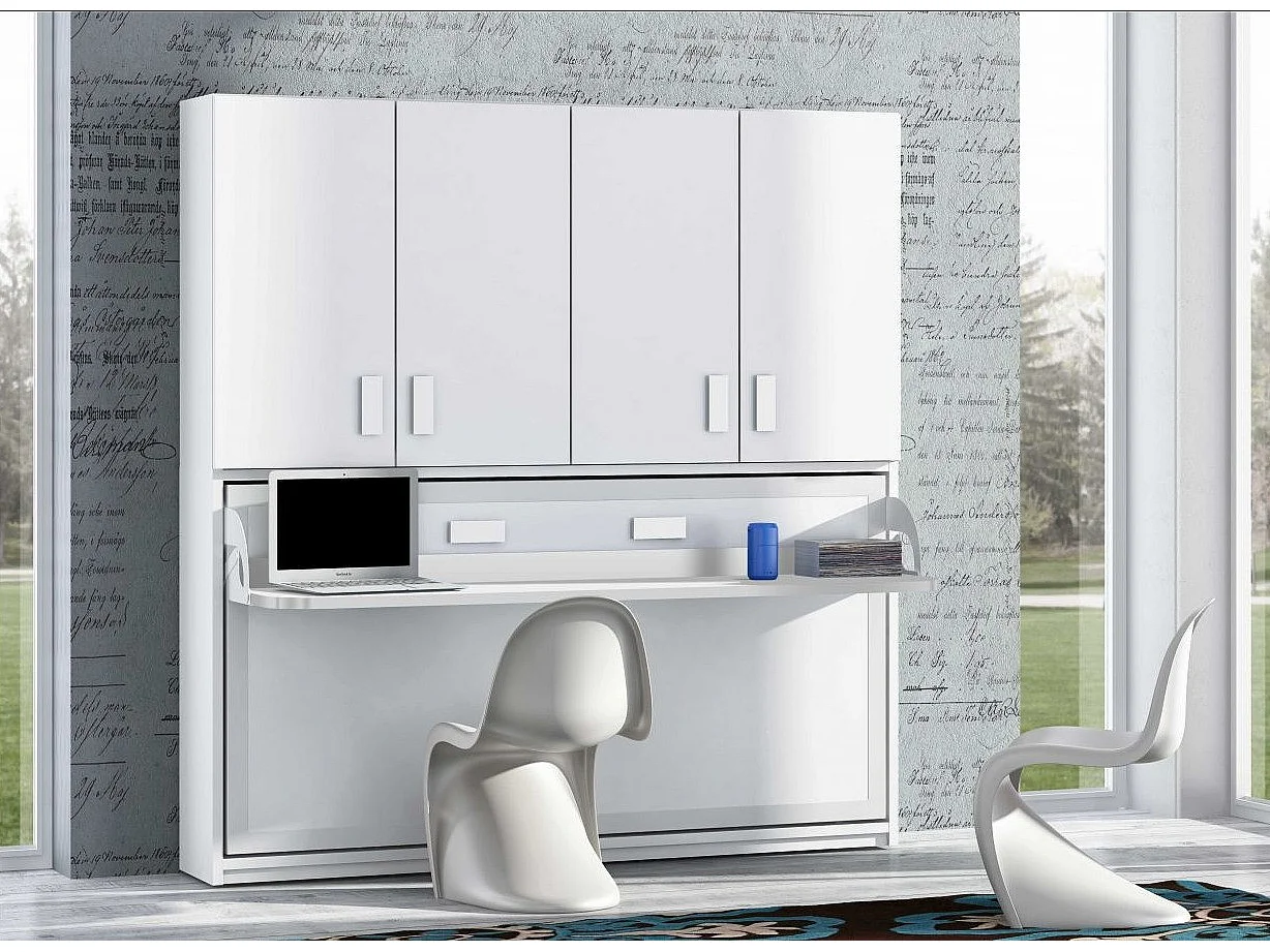 Lit escamotable 90x190 P 53 blanc satiné avec étagères et bureau Miko