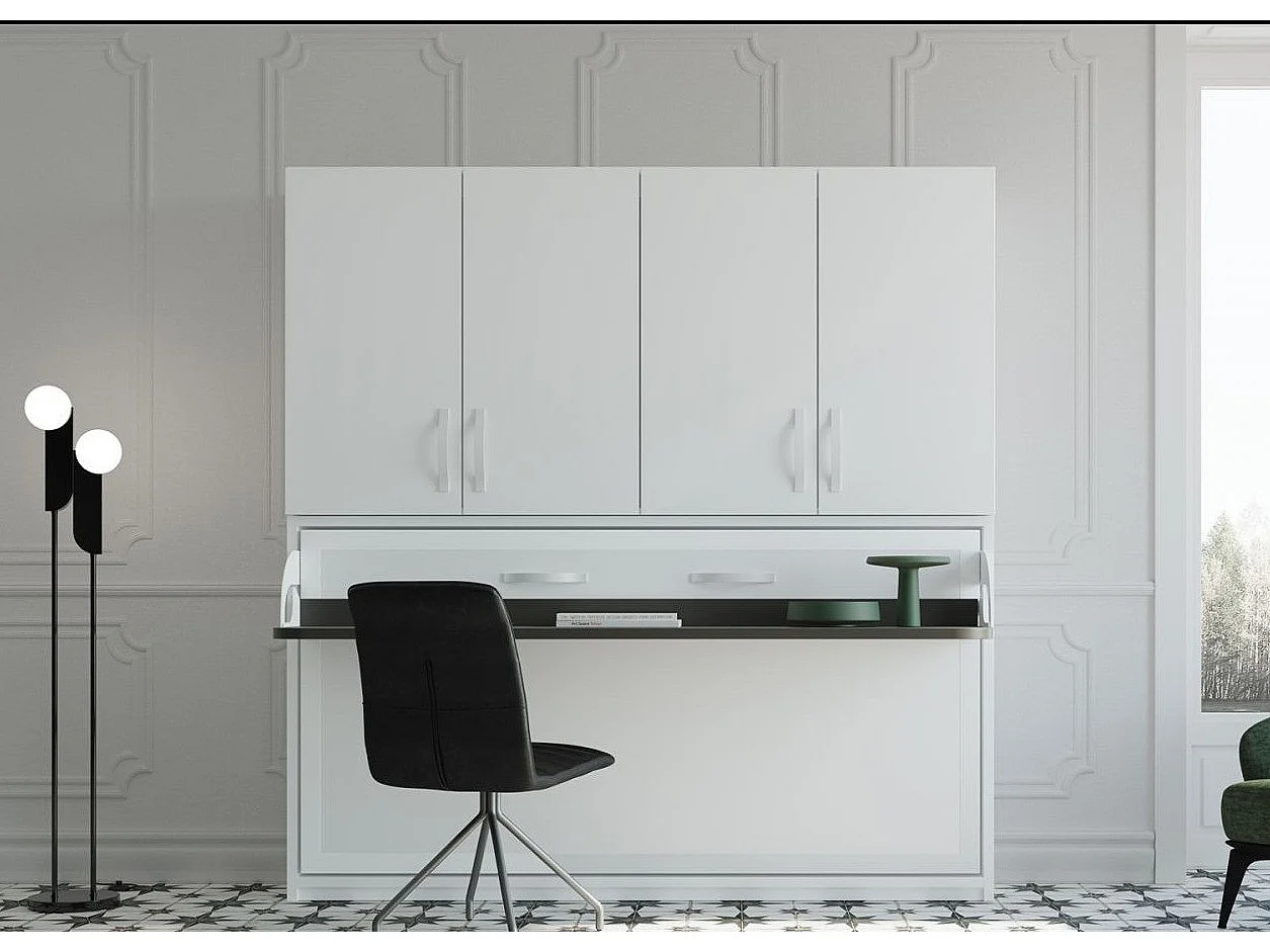 Lit escamotable 90x190 P 53 blanc satiné avec étagères et bureau Miko