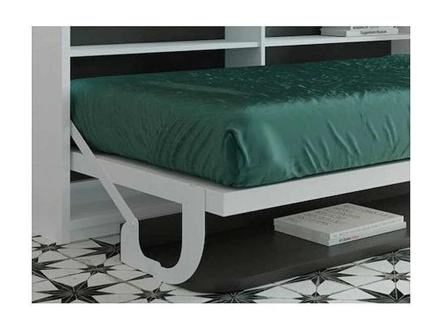 Lit escamotable 90x190 P 53 blanc satiné avec étagères et bureau Miko