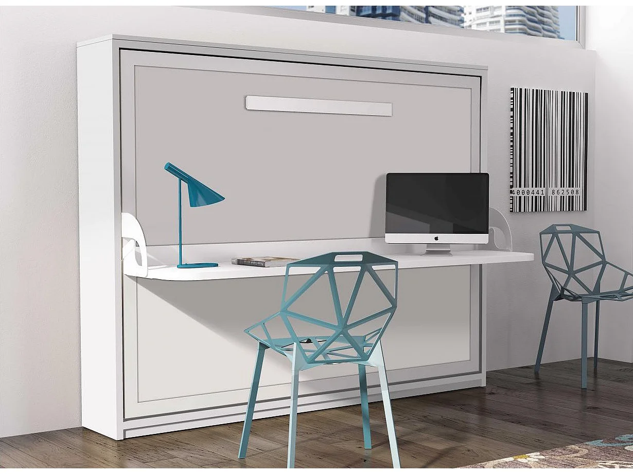 Lit escamotable avec bureau 90x200 blanc satiné P 35 Kinoa