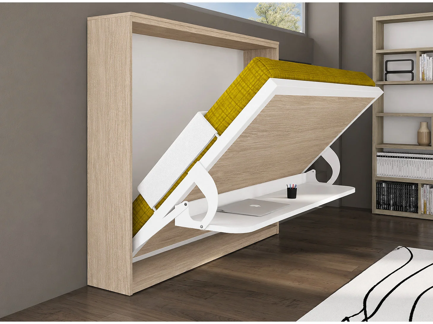 Opklapbed met bureau 90x200 satijnwit P 35 Kinoa