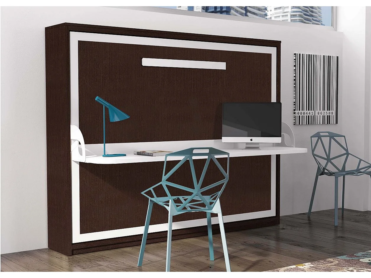 Lit escamotable avec bureau 140x190 chocolat P 35 Kinoa