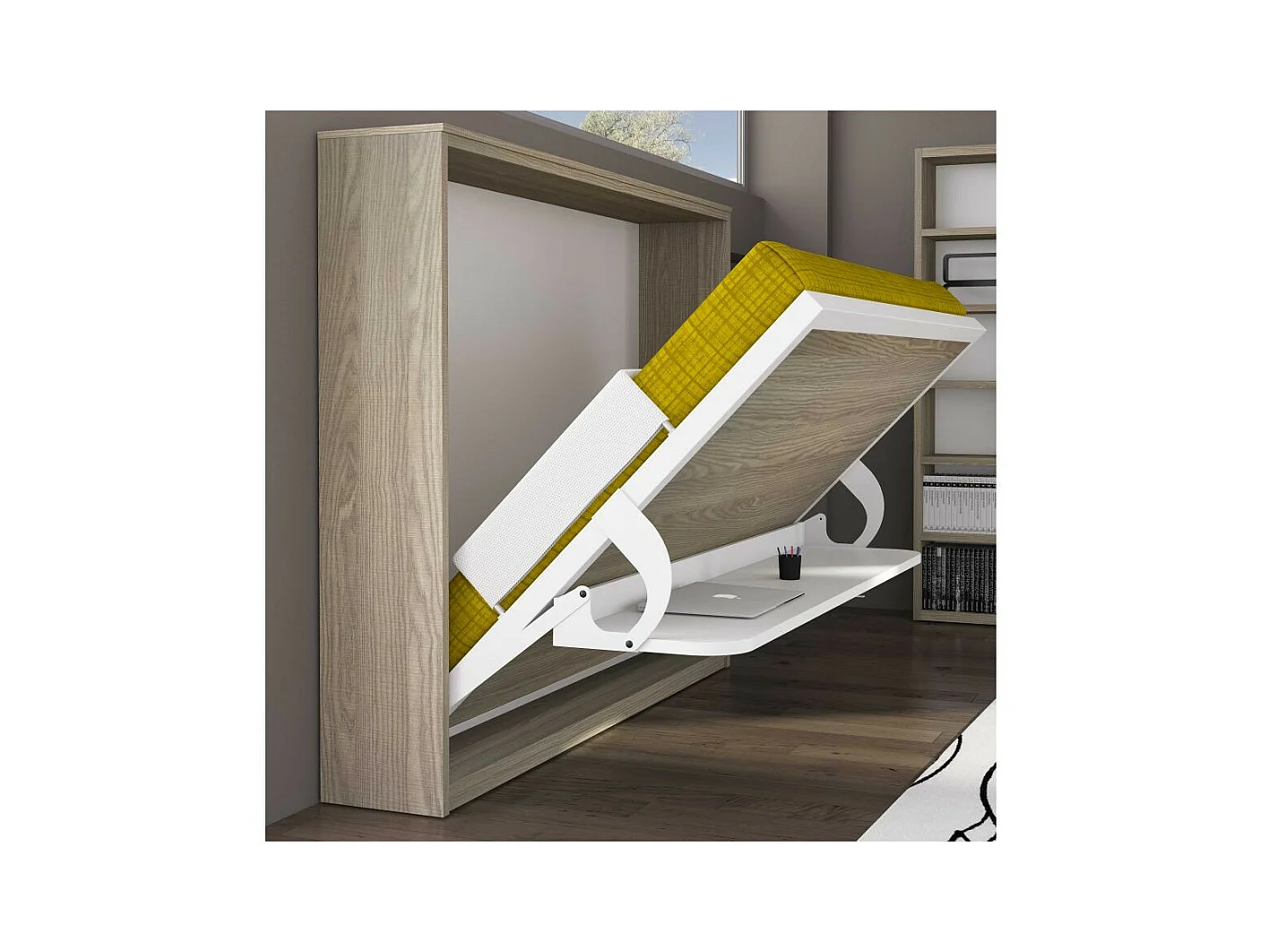 Lit escamotable avec bureau 90x200 chêne blanchi P 35 Kinoa