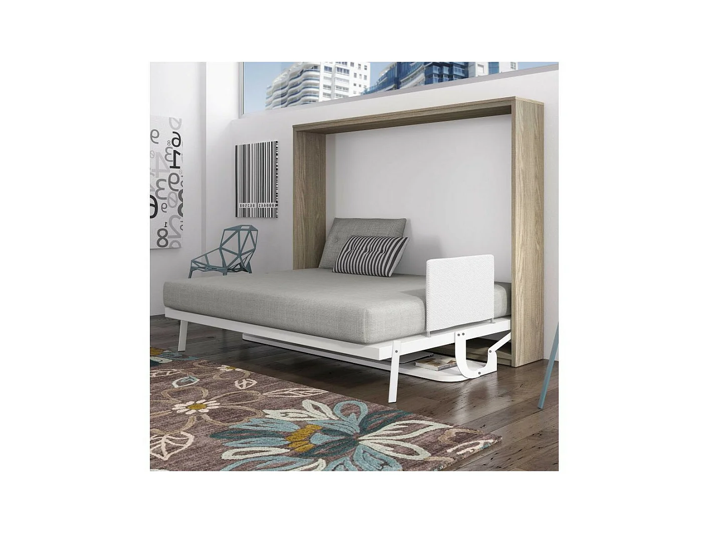 Lit escamotable avec bureau 90x200 chêne blanchi P 35 Kinoa