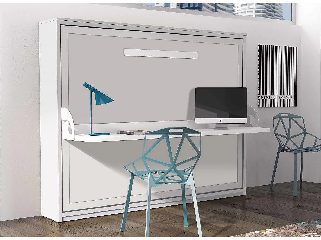 Lit escamotable avec bureau 90x200 chêne blanchi P 35 Kinoa