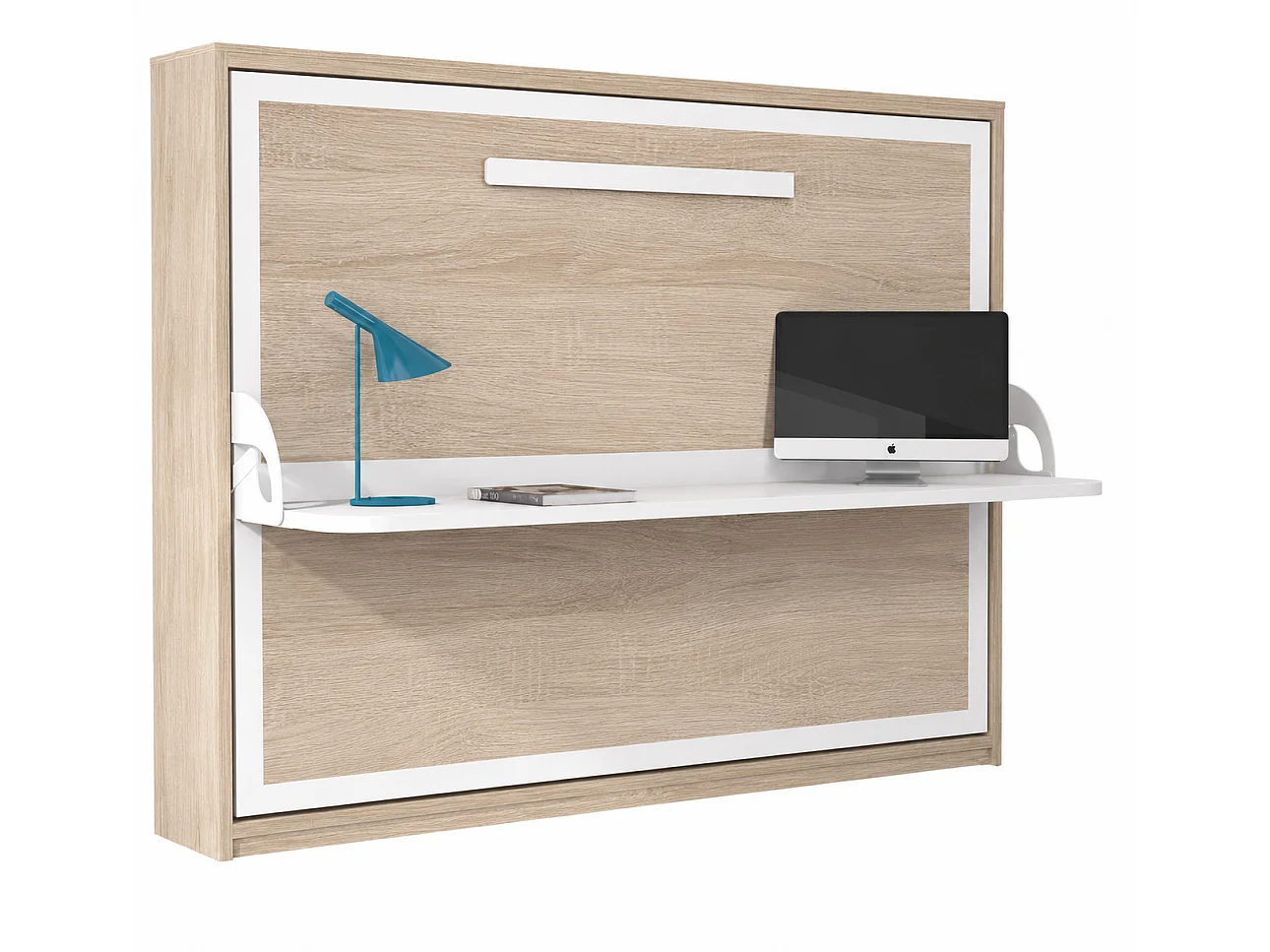 Lit escamotable horizontal avec bureau ANGELINA - Ouverture automatique assistée-Chêne blanc-90x200