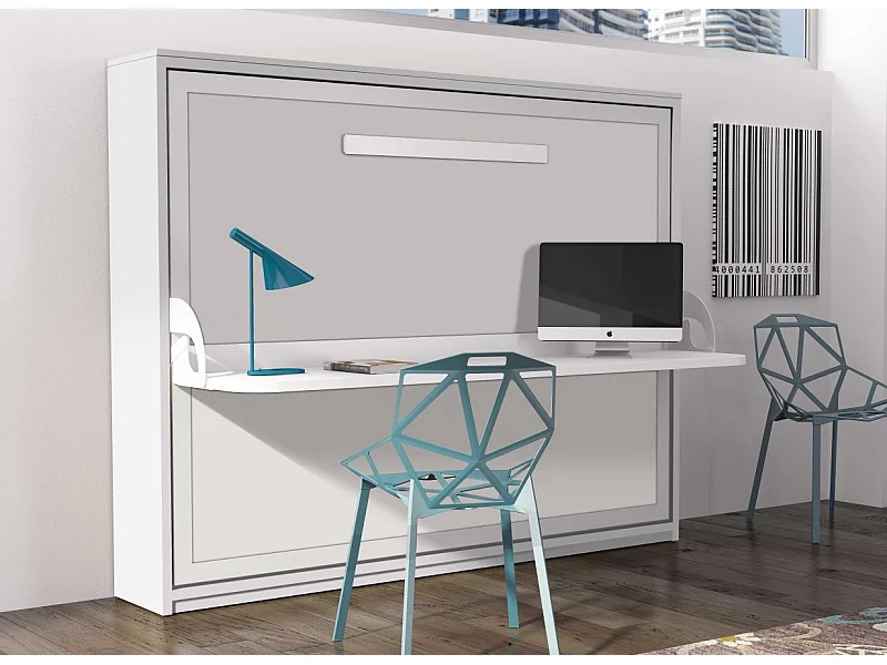 Lit escamotable avec bureau 90x200 chêne blanchi P 35 Kinoa