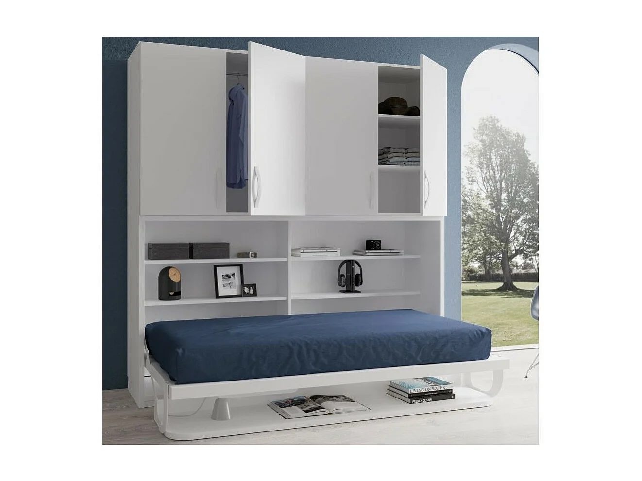 Lit escamotable 90x190 P 34cm blanc satiné avec étagères et bureau Miko
