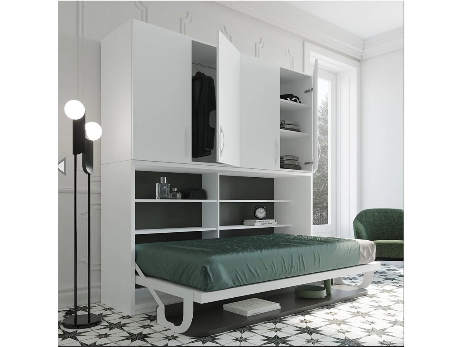 Lit escamotable 90x190 P 34cm blanc satiné avec étagères et bureau Miko