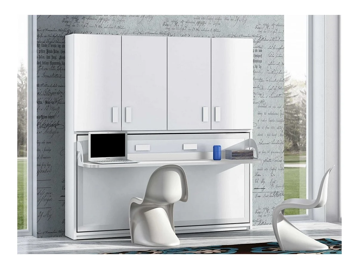 Lit escamotable 90x190 P 34cm blanc satiné avec étagères et bureau Miko